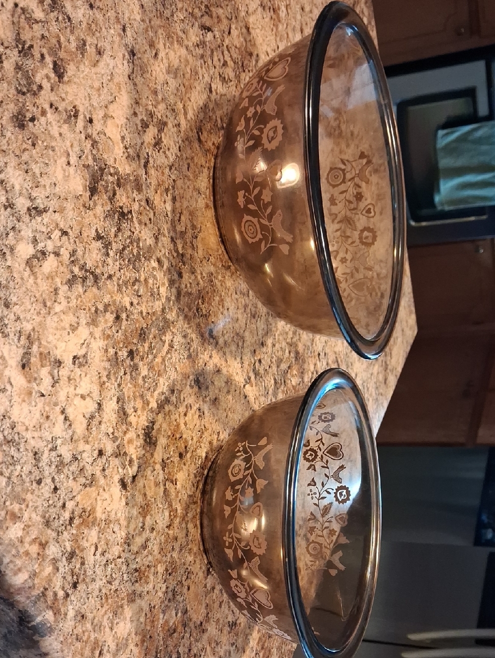 Vintage Brown Pyrex Corning Glass Mixing Bowls with Floral Etching